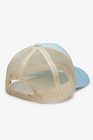 Blue and white California Trucker Cap by Bleu Rod Beattie with mesh back and curved brim, casual baseball hat style.
