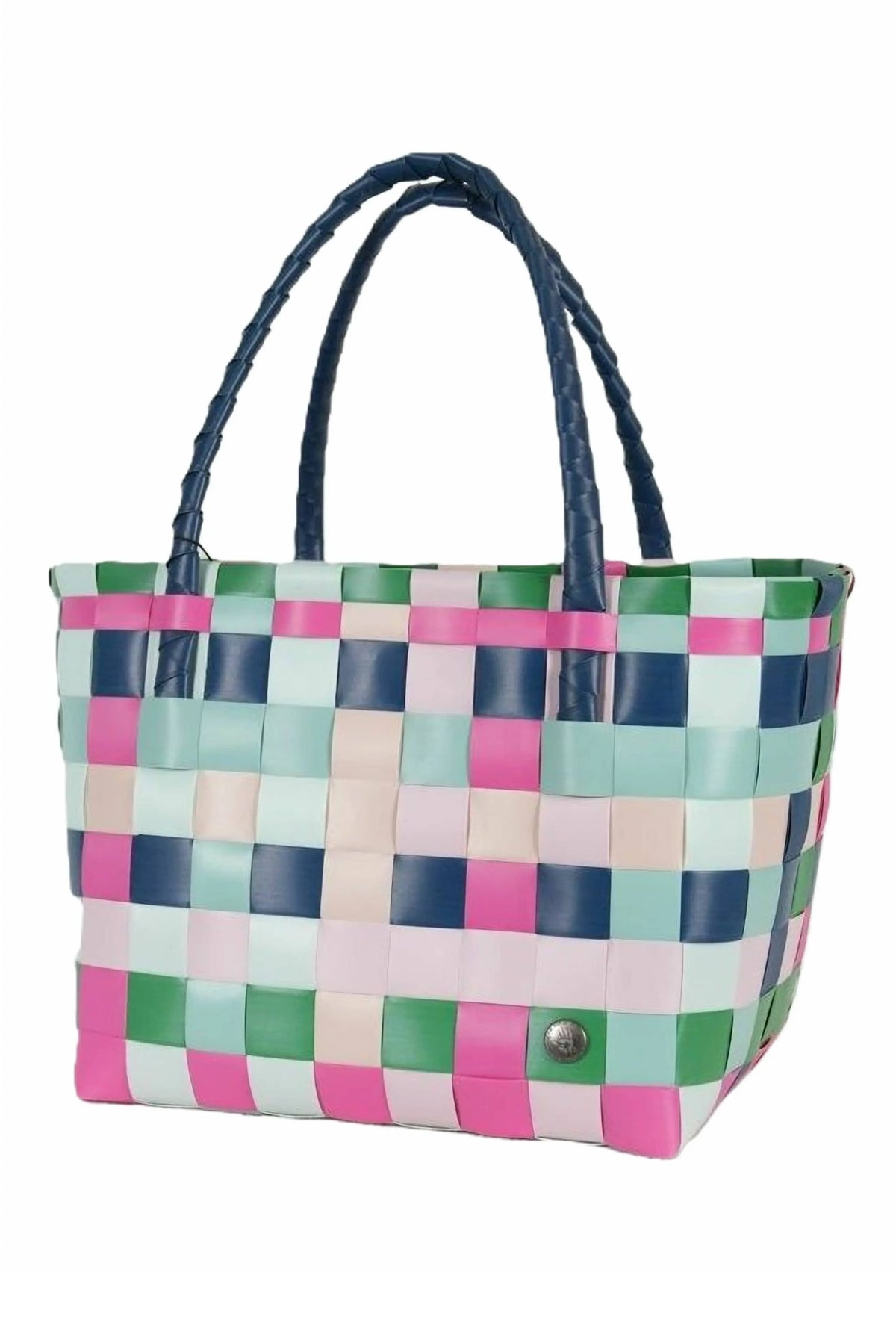 Blue Paris Brights Mix Recycled Tote bag with colorful handles, made from eco-friendly materials, showcasing a spacious, stylish design.