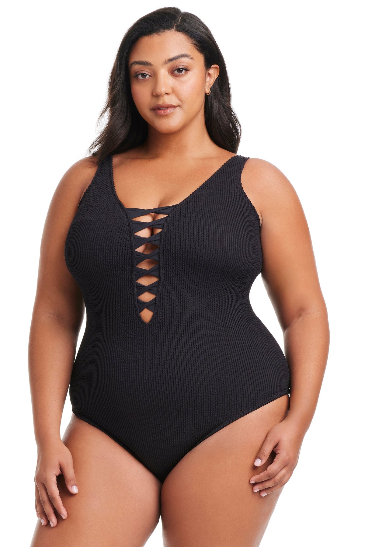 Plus Size Pucker Up Lace Down One Piece Swimsuit - Bleu Rod Beattie