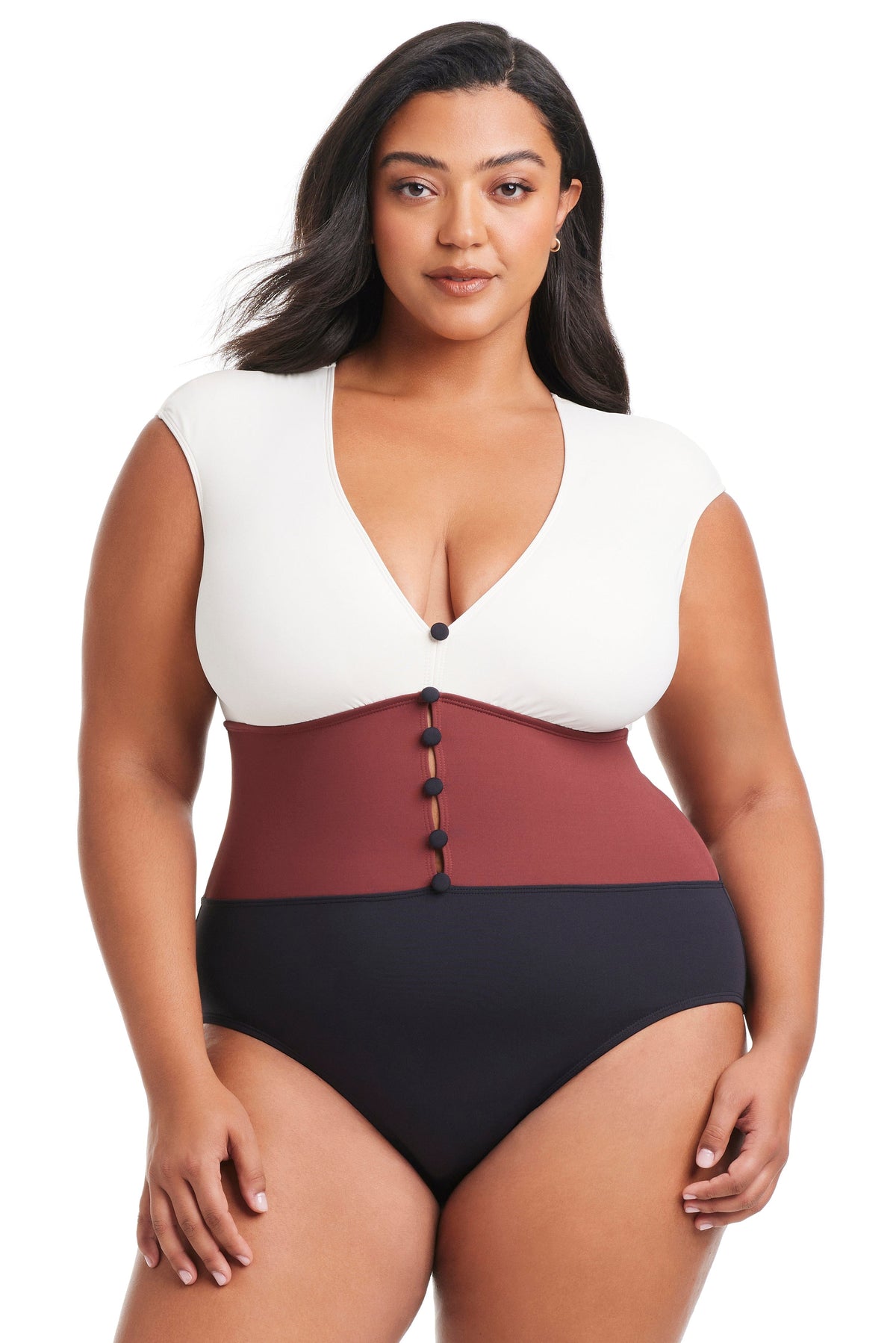 Plus Size Button Down Cap Sleeve One Piece Swimsuit - Bleu Rod Beattie