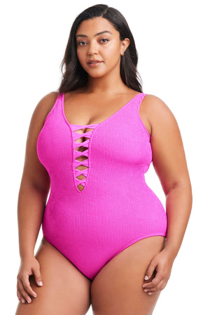 NEW! Plus Size Pucker Up Lace Down One Piece Swimsuit