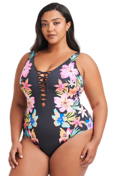 Plus Size Sweet Escape Lace Down One Piece Swimsuit | Bleu