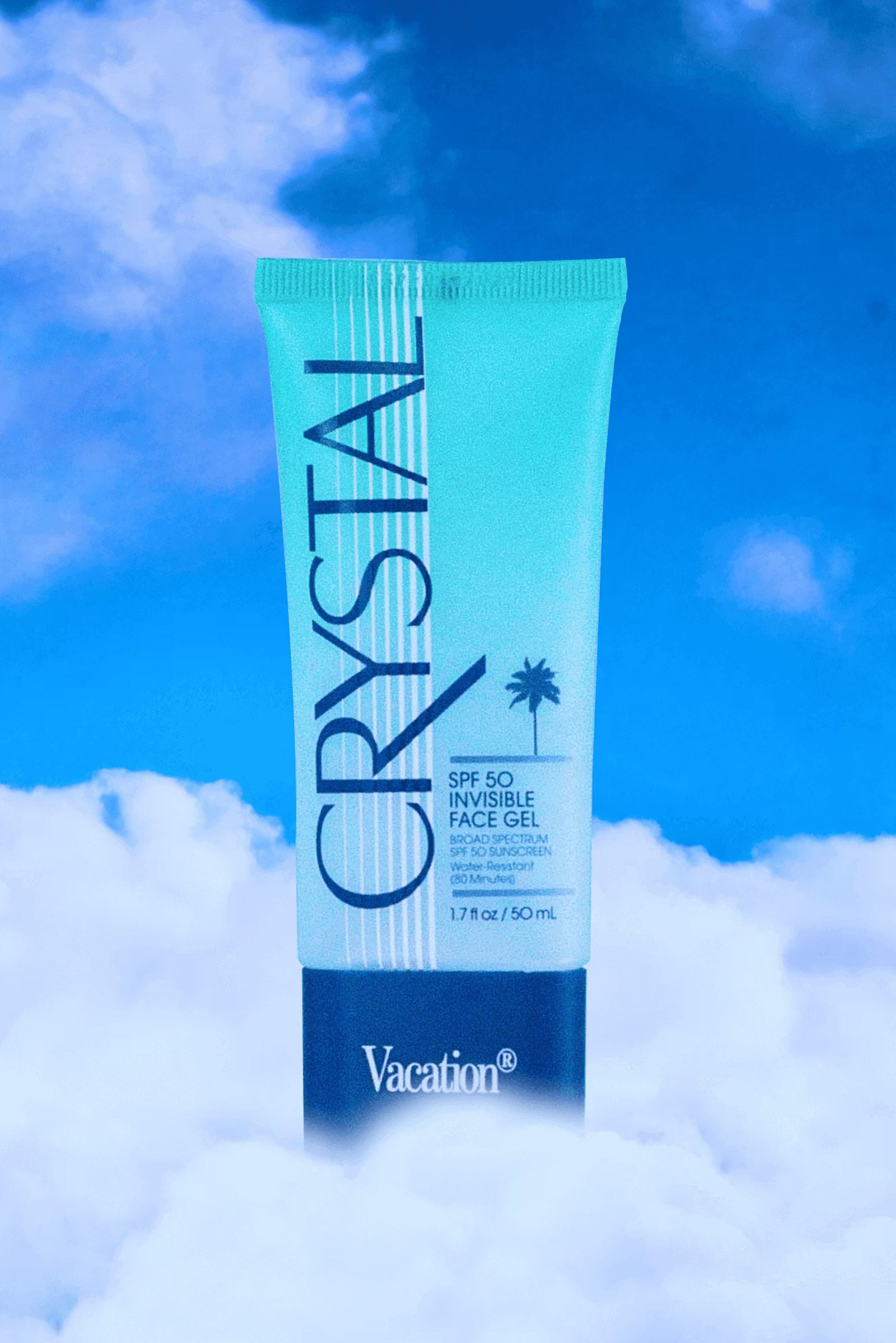Vacation Crystal SPF 50 Invisible Face Gel sunscreen in a clear tube, designed for everyday facial sun protection.