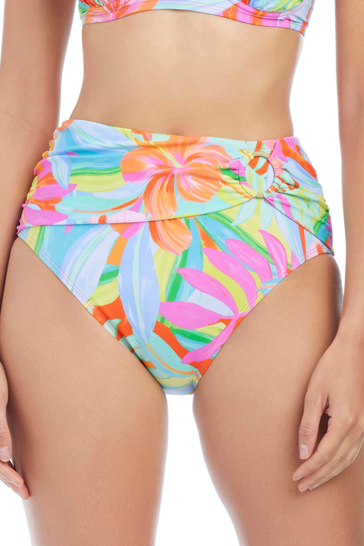 Bellissimo Botanica high waist bikini bottom by Bleu Rod, featuring a vibrant botanical print and flattering high-rise fit.