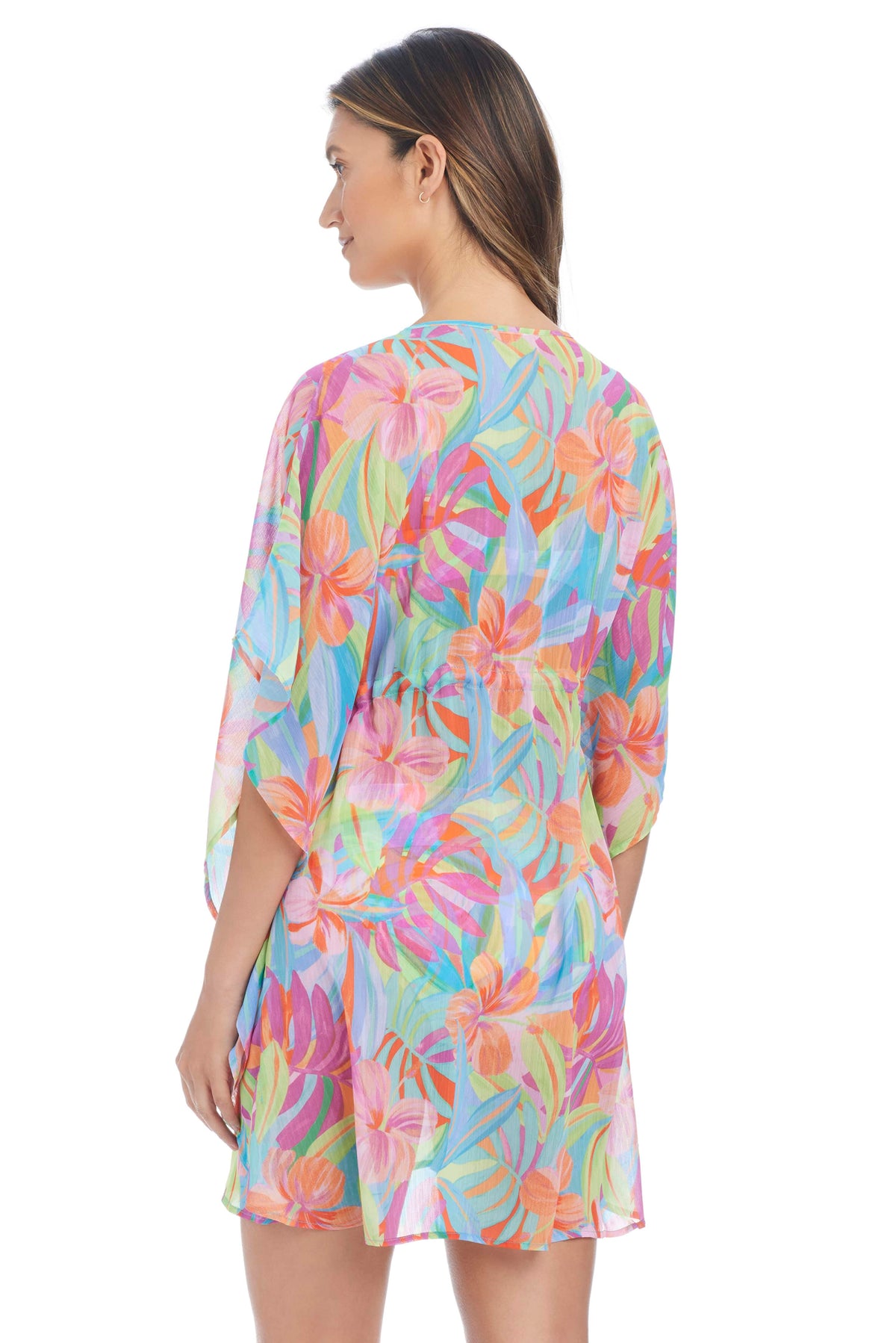 Bellissimo Botanica Bleu Rod caftan cover-up with floral print, lightweight fabric, and relaxed fit for beachwear or poolside.