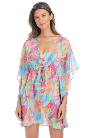 Bellissimo Botanica caftan coverup by Bleu Rod, flowing lightweight fabric with floral botanical print, perfect for beachwear.