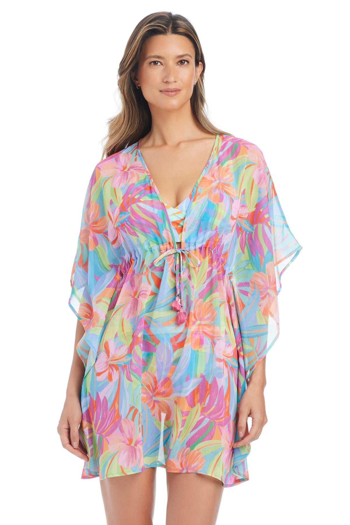 Bellissimo Botanica Caftan Coverup by Bleu Rod, lightweight floral print caftan with flowing fabric and relaxed fit.