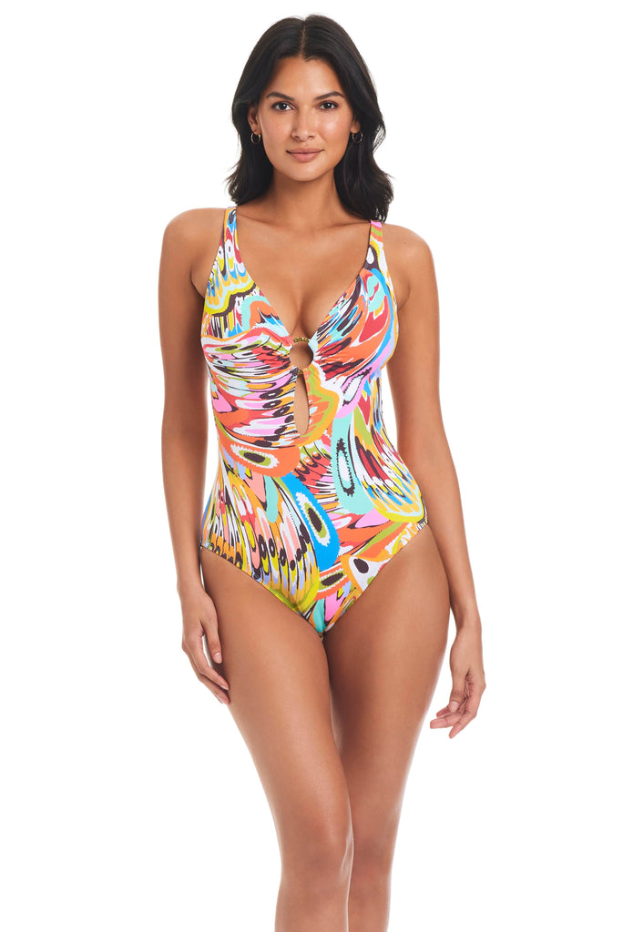 Graphic Measures One Piece Plunge Cross Back Swimsuit
