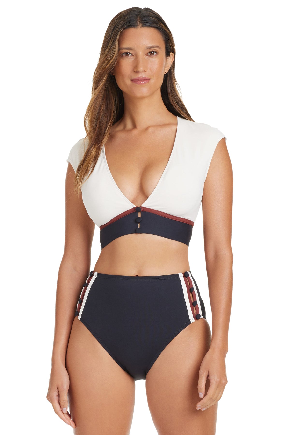 Button Down Cap Sleeve Crop Top - Bleu Rod Beattie