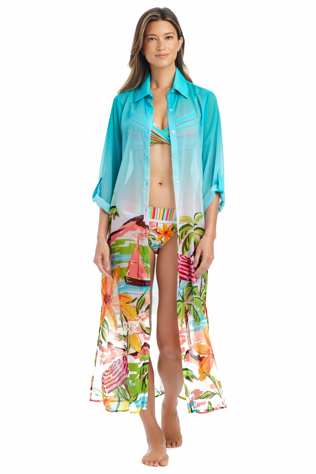 Blue Bleu Rod Ciao, Capri! shirt cover-up with short sleeves and lightweight fabric, perfect for beach or poolside wear.