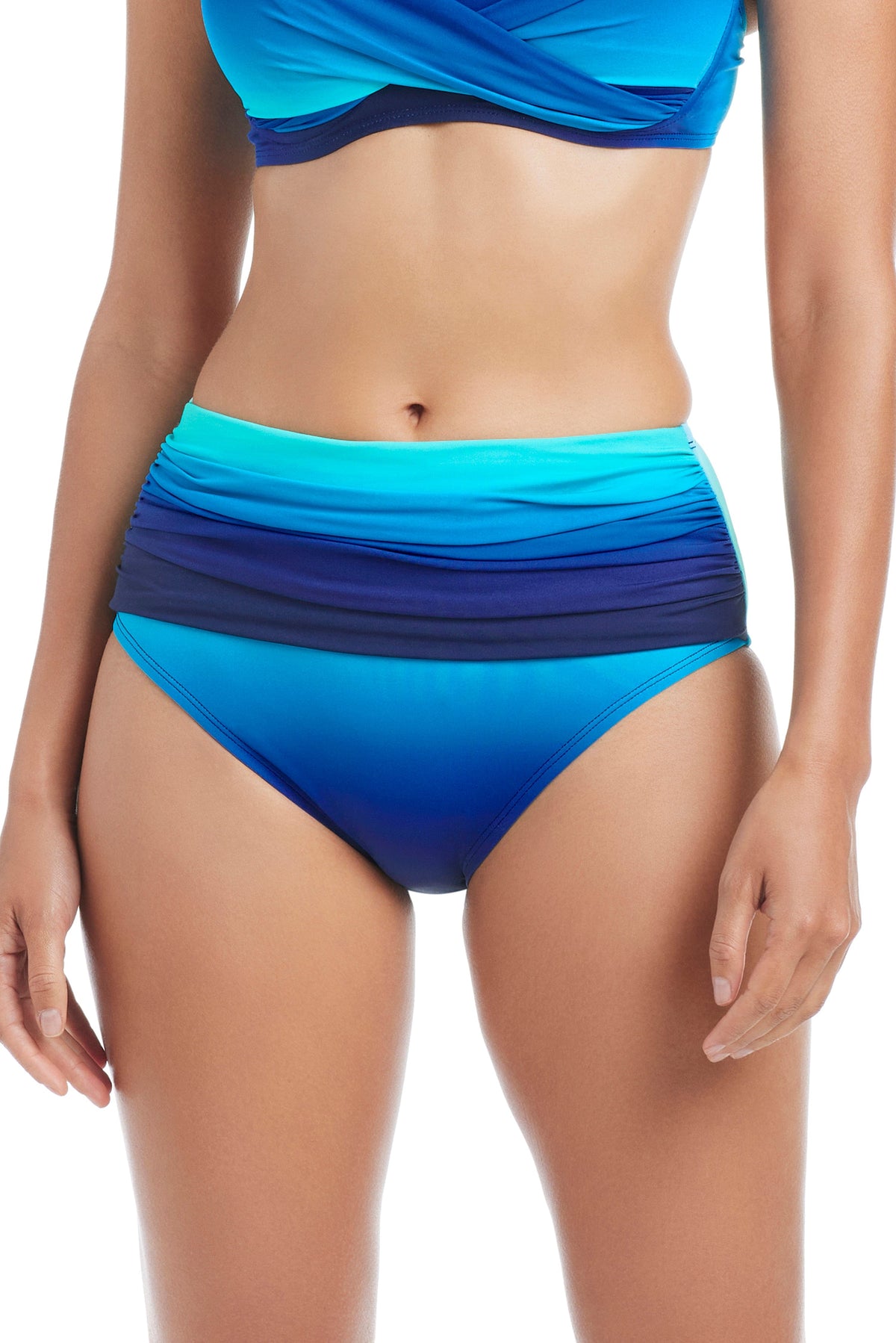 Bleu Rod Desert Mirage high waist bikini bottom in midnight color, mid-rise fit, with seamless design and tropical print pattern.