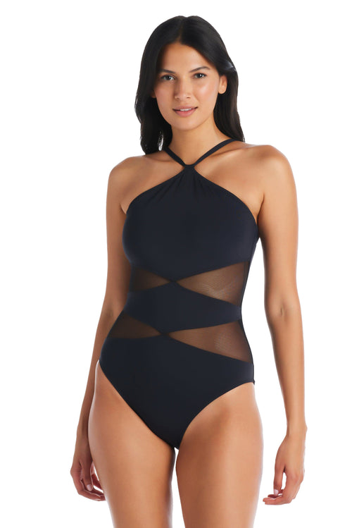 Don't Mesh With Me Diamond High Neck One Piece Swimsuit - Bleu Rod Beattie