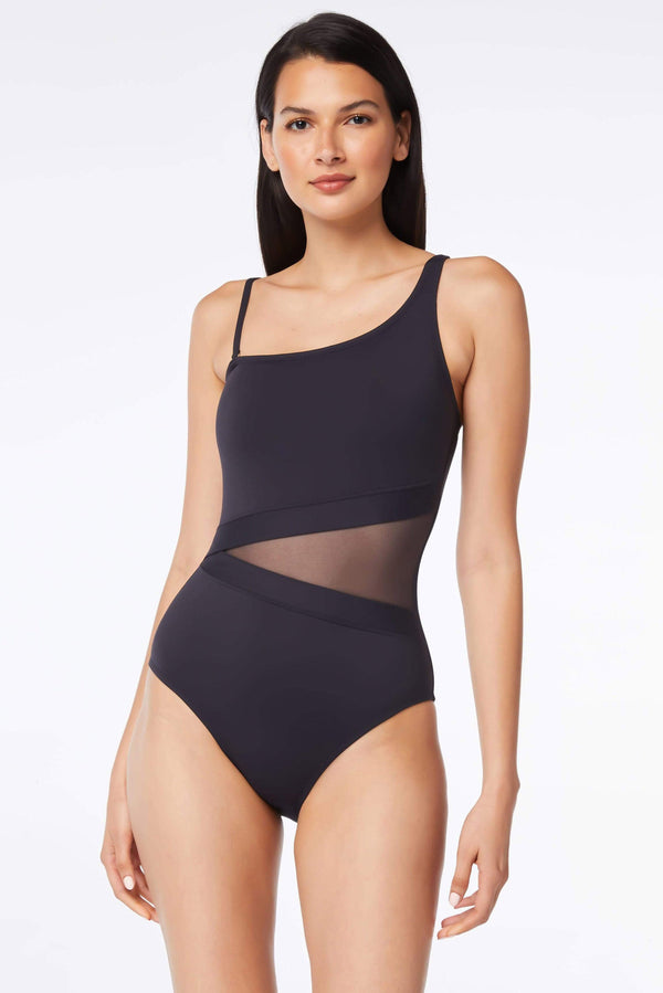 Don't Mesh With Me One Piece Mesh One Shoulder Swimsuit | Bleu