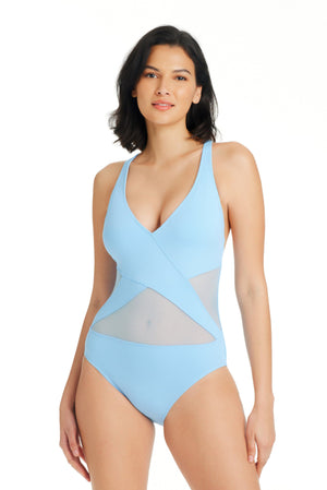 Don't Mesh With Me One Piece Surplice Mesh Swimsuit