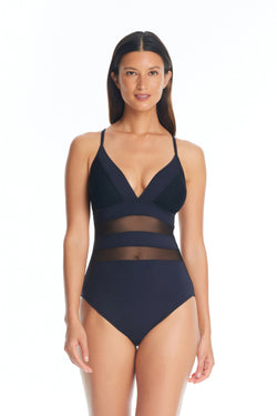 Don't Mesh With Me One Piece Cross Back Mesh Swimsuit - Bleu Rod Beattie