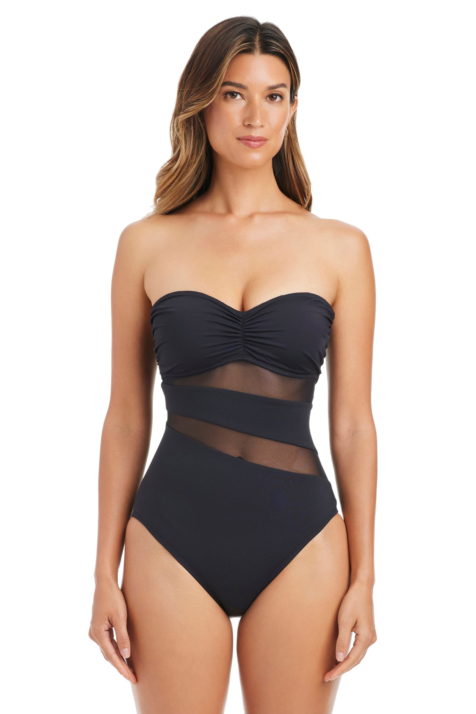 Black Don't Mesh With Me bandeau one-piece swimsuit by Bleu Rod, featuring a sleek and stylish design with mesh accents.