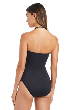 Bleu Rod Don't Mesh With Me bandeau one-piece swimsuit in black, featuring a sleek design and smooth fabric.