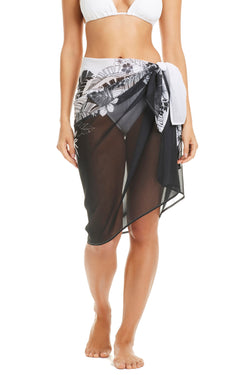 Black Bleu Rod Double Duty Pareo Cover Up shown draped on a model, lightweight fabric perfect for beachwear or poolside style.