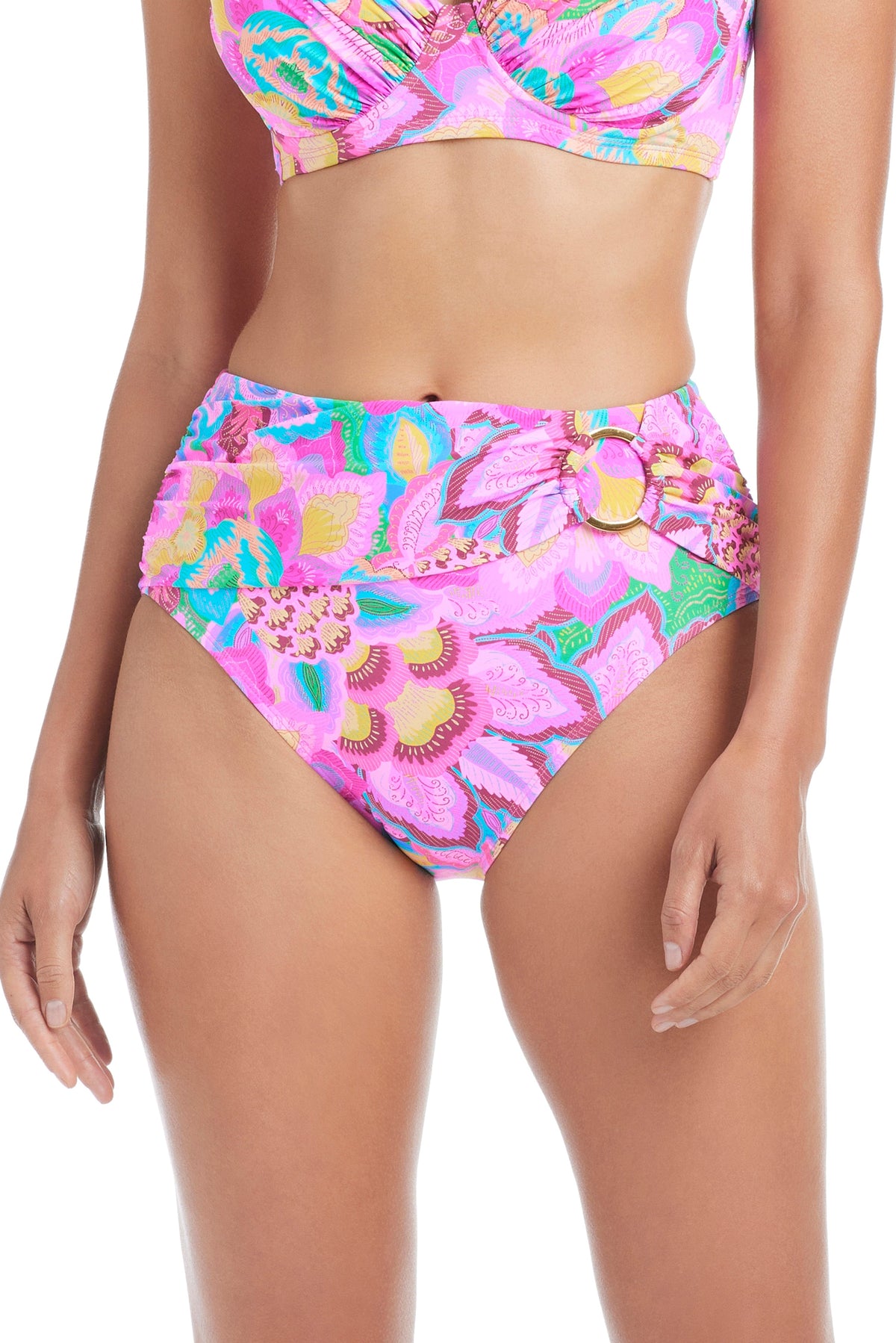 Blue and white Dream Weaver high waist bikini bottom by Bleu Rod, featuring a stylish Dream Weaver print design.