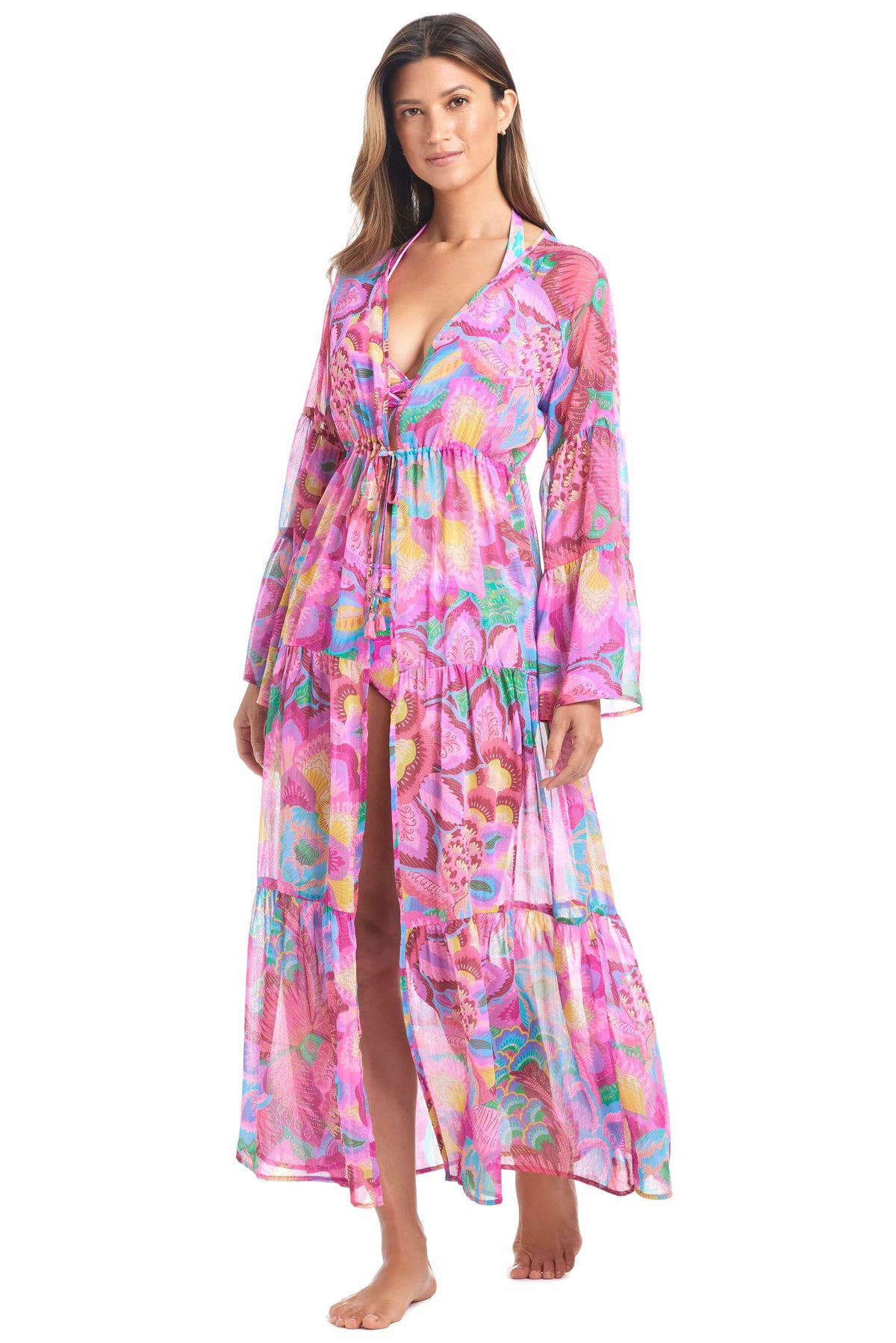 Blue and white Dream Weaver dress coverup by Bleu Rod, lightweight fabric with Dream Weaver print, perfect for beach or poolside wear.