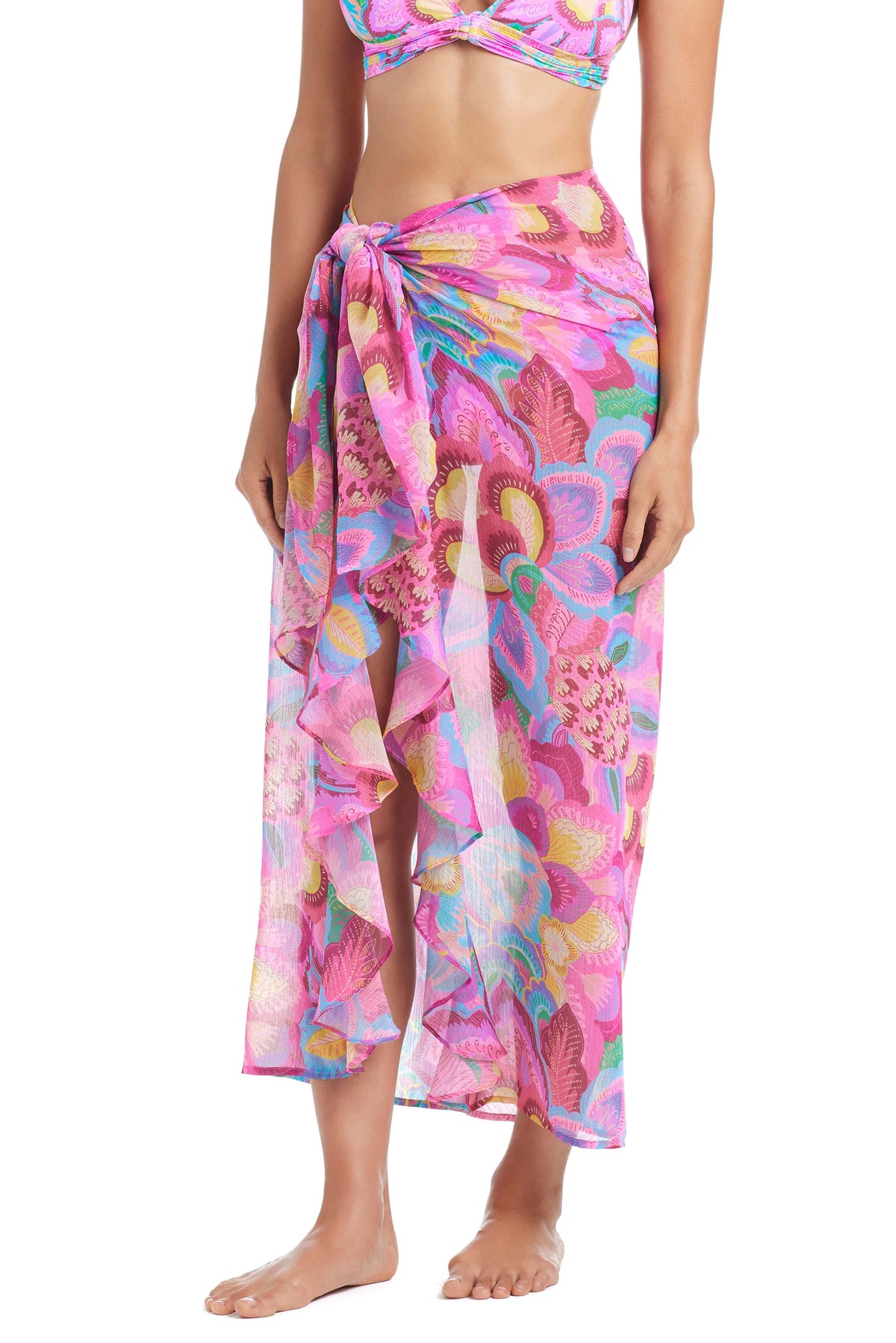 Blue Bleu Rod Dream Weaver sarong coverup with floral patterns, lightweight fabric, and tie-side design for beach or pool days.