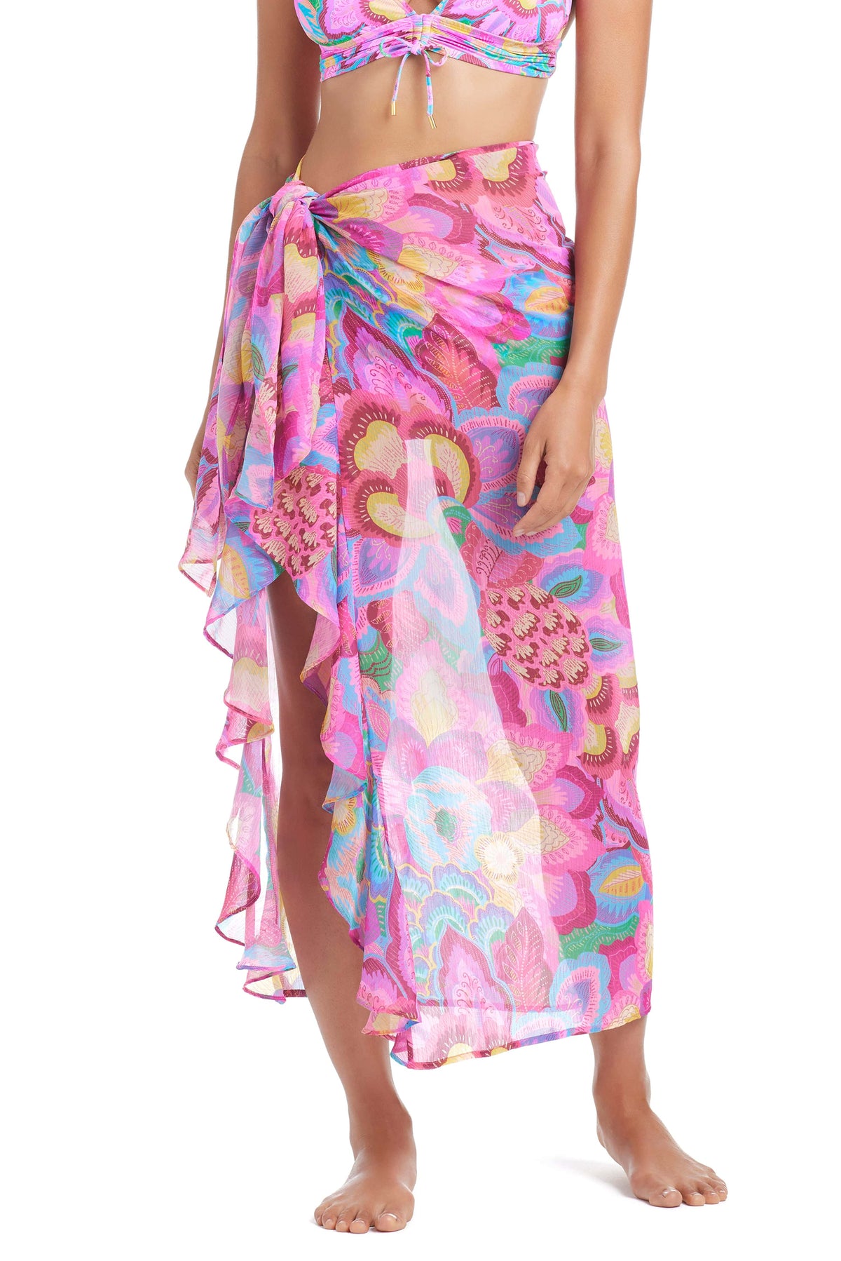Blue and white Dream Weaver Sarong Coverup by Bleu Rod, lightweight fabric with tropical print, perfect for beachwear.