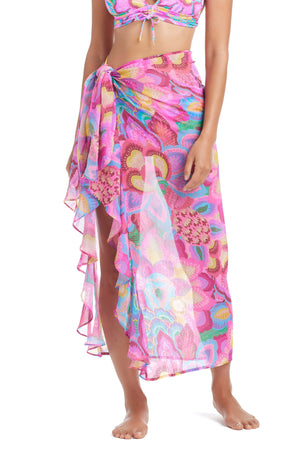 Blue and white Dream Weaver Sarong Coverup by Bleu Rod, lightweight fabric with tropical print, perfect for beachwear.