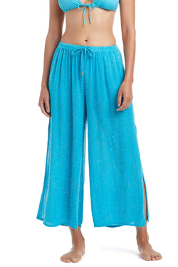 Blue Bleu Rod Golden Hour side slit cover-up pant with waterfall design, casual beachwear style, in a flowing fabric.