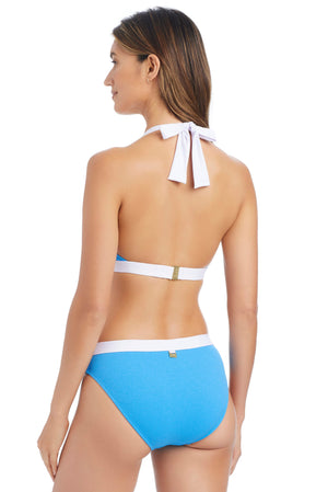 Blue Bleu Rod halter bikini top from the I'm With The Band collection, featuring a stylish and supportive halter bra design.