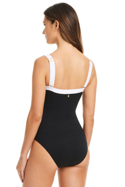 Blue Bleu Rod I'm With The Band square neck tank one-piece swimsuit displayed on a model, showcasing its stylish design and fit.