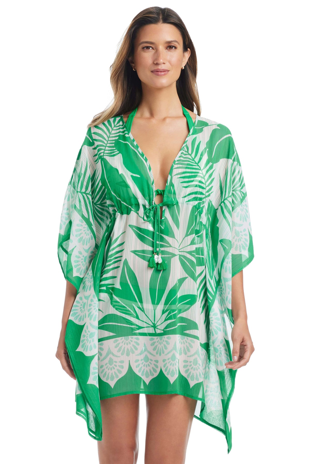 Green Bleu Rod Island Time caftan cover-up with flowing, lightweight fabric and relaxed fit, perfect for beach or poolside wear.