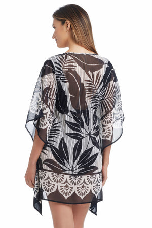 Blue Bleu Rod Island Time caftan coverup with flowing fabric and tropical print, perfect for beach or poolside wear.