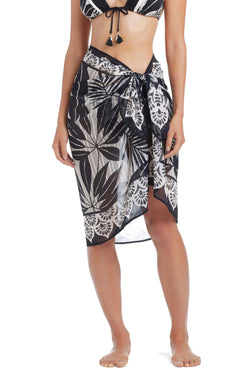 Black Bleu Rod Island Time pareo cover-up with tropical print, lightweight and stylish for beach or poolside wear.