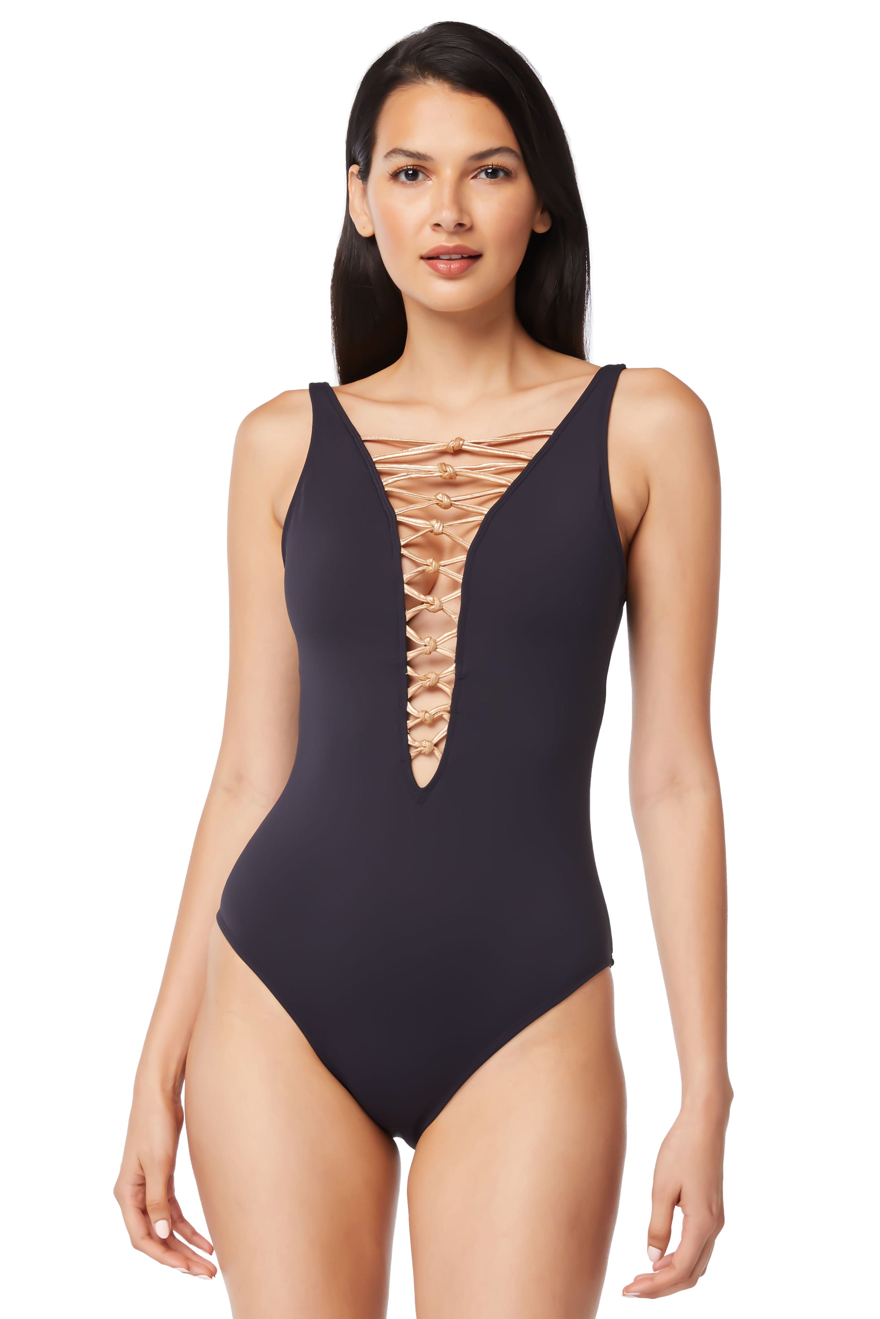 Graphic Measures One Piece Lace Down Ring Front Swimsuit | Bleu