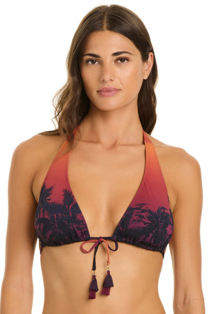 Bleu Rod La Caleta Sunset tall triangle bikini top with colorful pattern, adjustable straps, and supportive design for beachwear.