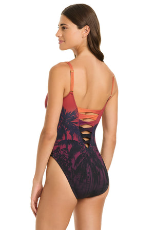 Bleu Rod La Caleta Sunset lace-down over-the-shoulder one-piece swimsuit in multi-color, shown from the back.
