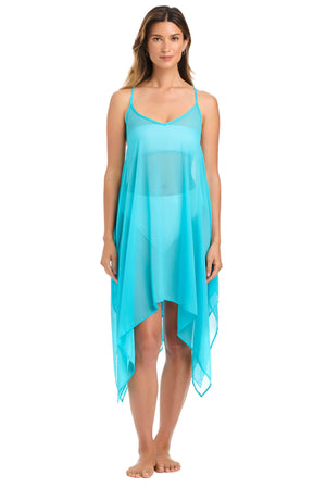 Blue Bleu Rod La Cote D'Azur dress coverup with lightweight fabric and flowing design, perfect for beach or poolside wear.
