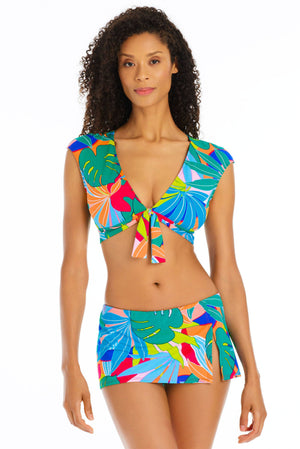 Life Of The Party Cap Sleeve Tie Front Bikini Top - Bleu Rod Beattie