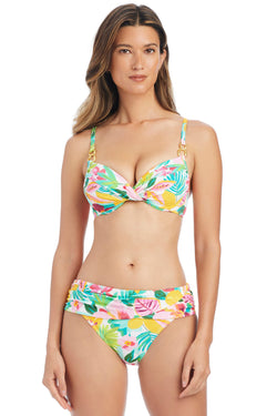 Blue Bleu Rod Love Blooms underwire bikini top with over-the-shoulder straps, featuring floral pattern and supportive design.