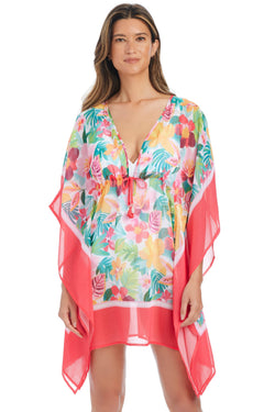 Love Blooms Caftan cover-up by Bleu Rod, flowy and vibrant with floral patterns, perfect for beach or resort wear.
