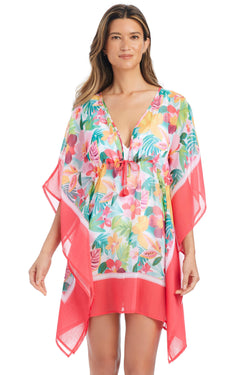 Blue Love Blooms Caftan cover-up by Bleu Rod, flowing floral print, lightweight fabric, perfect for beach or resort wear.