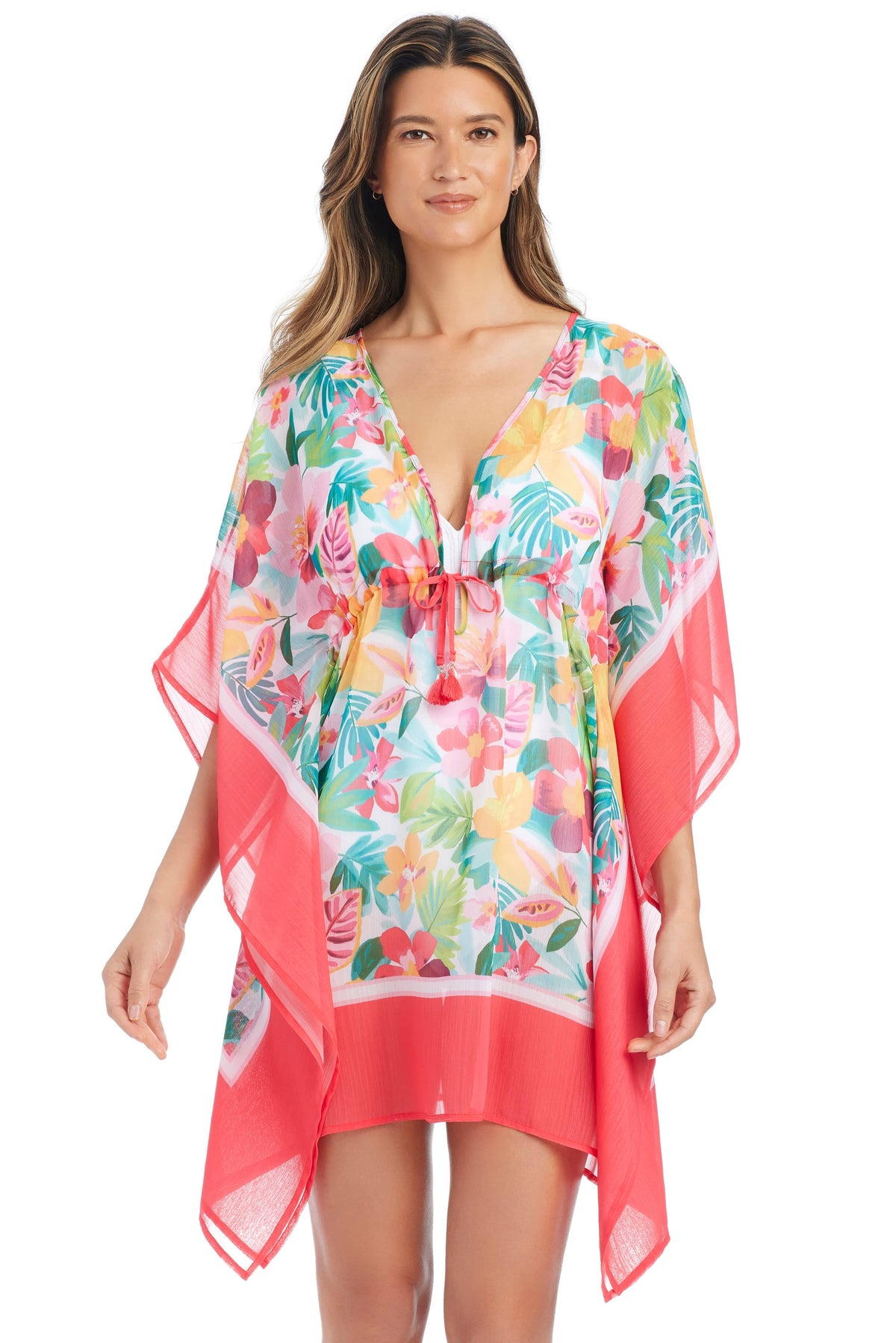 Blue Love Blooms Caftan cover-up by Bleu Rod, flowing floral print, lightweight fabric, perfect for beach or resort wear.