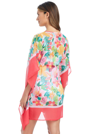 Blue Love Blooms Caftan cover-up by Bleu Rod, flowing lightweight fabric with vibrant floral pattern and relaxed fit.