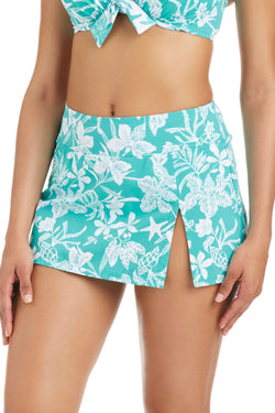 Turquoise Bleu Rod Mediterranean Breeze high-waist skirted bikini bottom with flowy skirt overlay, perfect for beachwear.