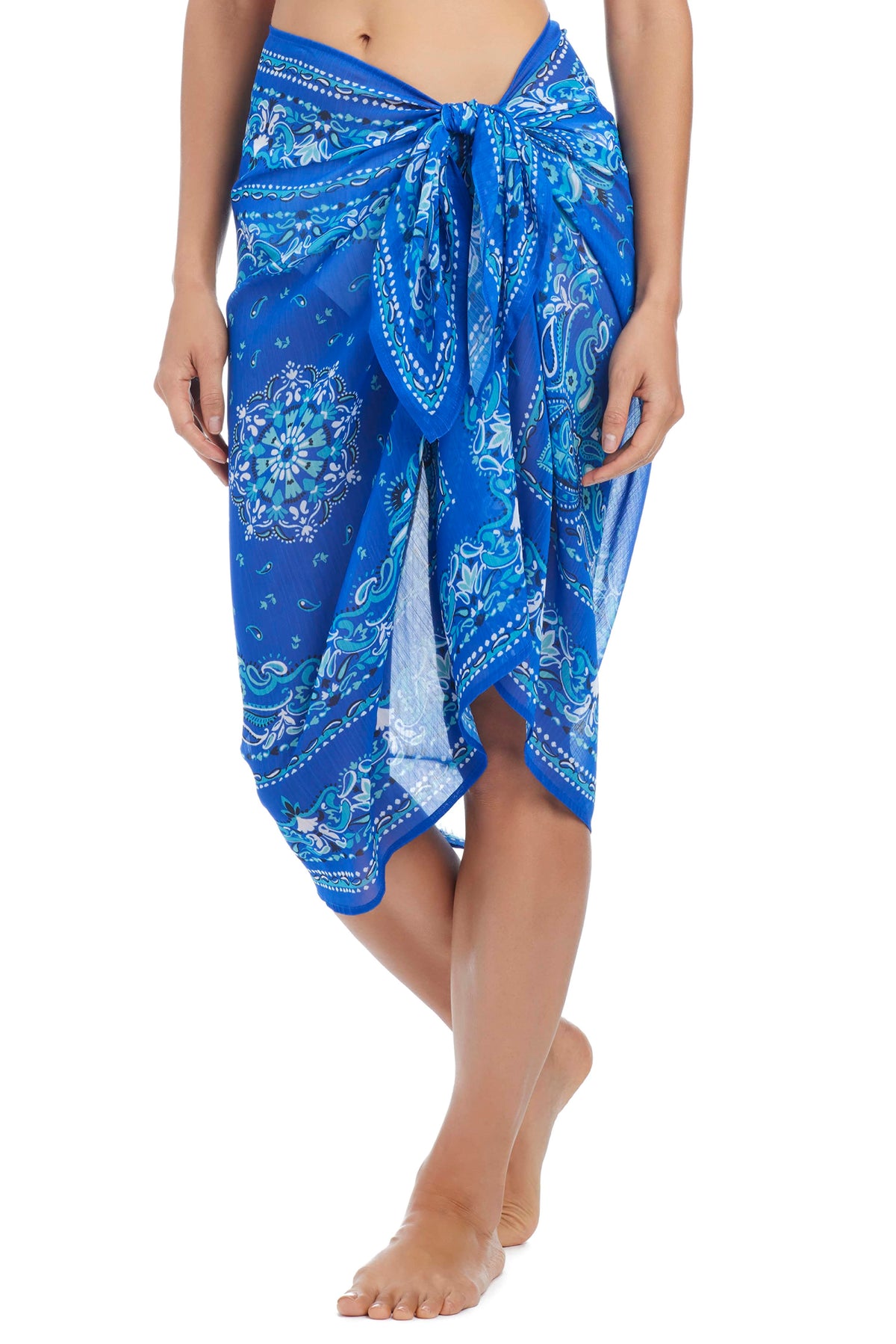 Blue Bleu Rod Meet Me In Sorrento pareo coverup with floral print, tied at the waist, lightweight and breezy for beachwear.