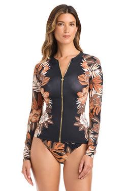 Black Moody Blooms rashguard cover-up by Bleu Rod, featuring floral design, short sleeves, and a snug fit for sun protection.