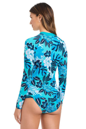 Blue Bleu Rod Moody Blooms rashguard cover-up with vibrant floral pattern, lightweight fabric, and long sleeves for sun protection.
