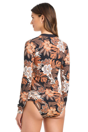 Blue Bleu Rod Moody Blooms rashguard cover-up with floral pattern, long sleeves, and comfortable fit for sun protection.