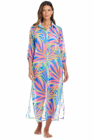 On The Bright Side Long Button Down Shirt Cover Up - Bleu Rod Beattie