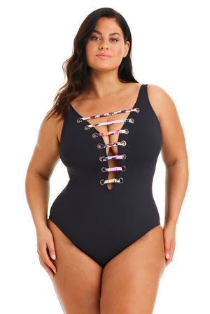 Party Animal Plunge Lace Down One Piece Swimsuit Plus - Bleu Rod Beattie